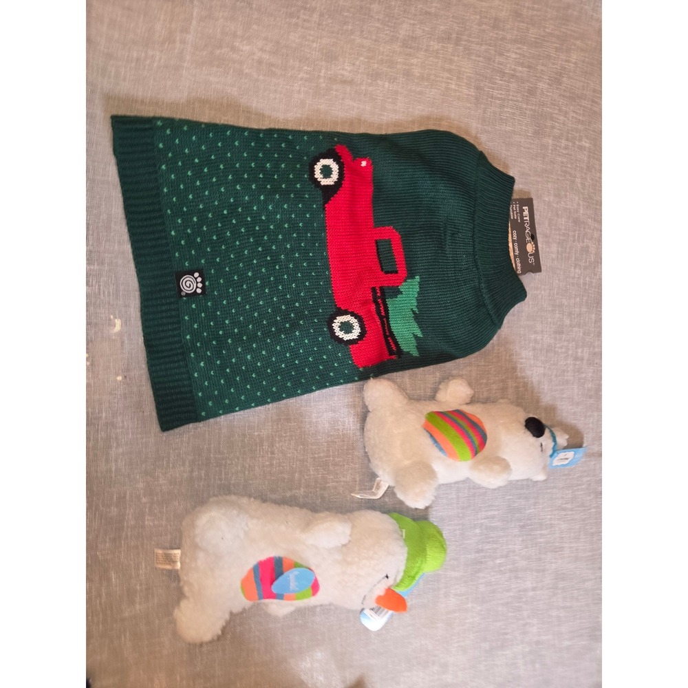 PetRageous Designs Medium Dog Sweater Christmas Truck & 2 Plush Squeaker Toys
